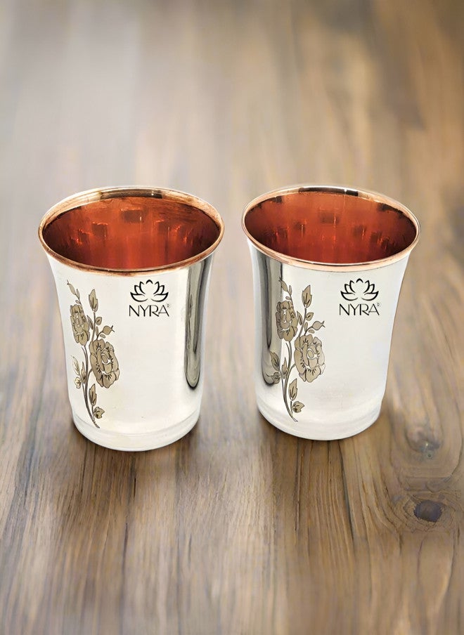 Nyra Kitchenware Silver-Toned 2 Pieces Floral Stainless Steel Water Glasses - 300ml Each - Image 1